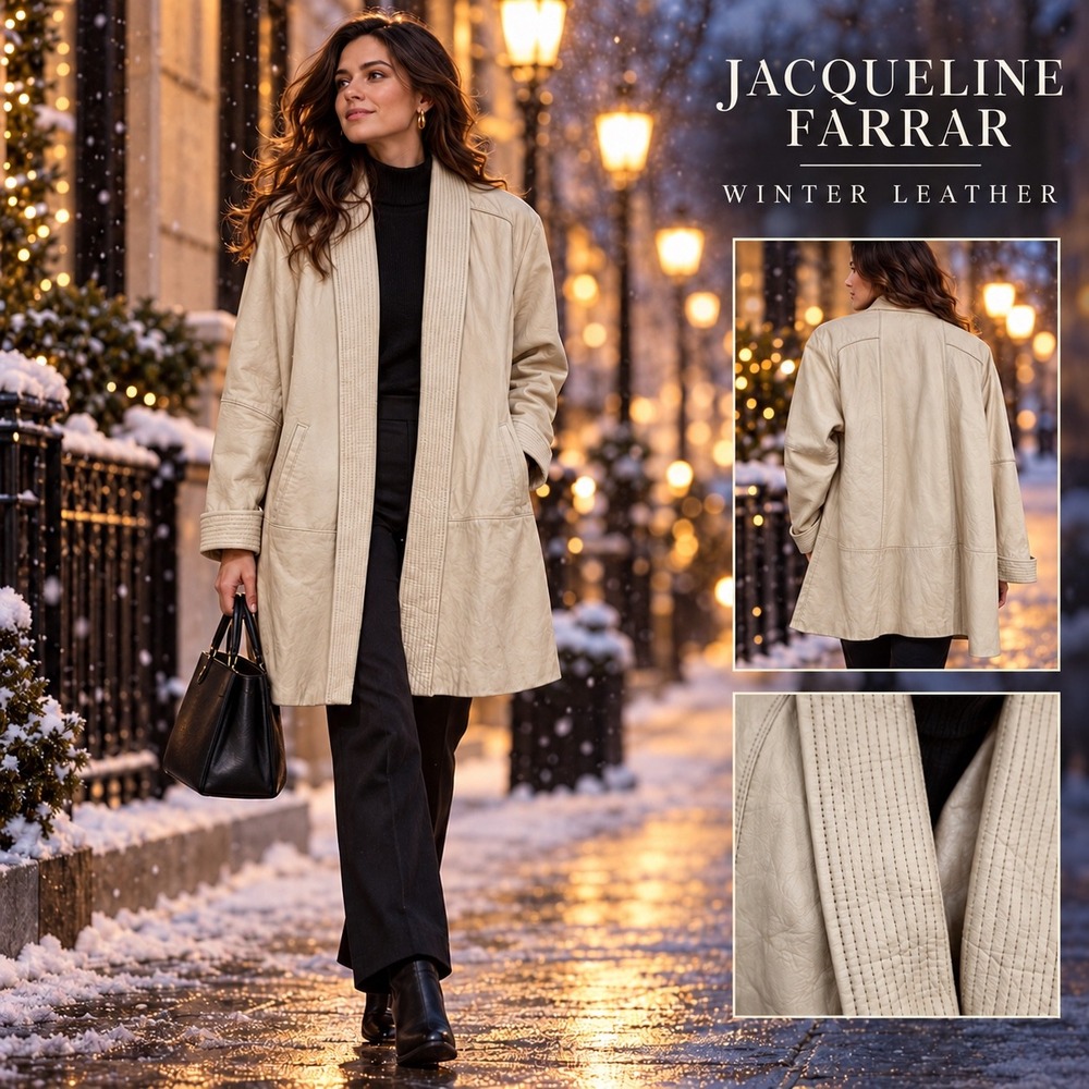 Jacqueline Ferrar Vintage Cream Leather Coat Quilted Shawl Collar Mid Length M